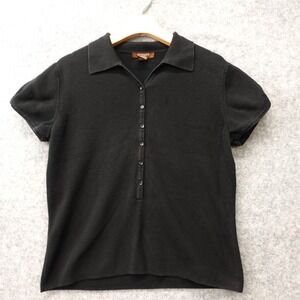 Womens Black Popover Polo Shirt LARGE Puff Sleeve Office Knit Preppy ESPERANTO